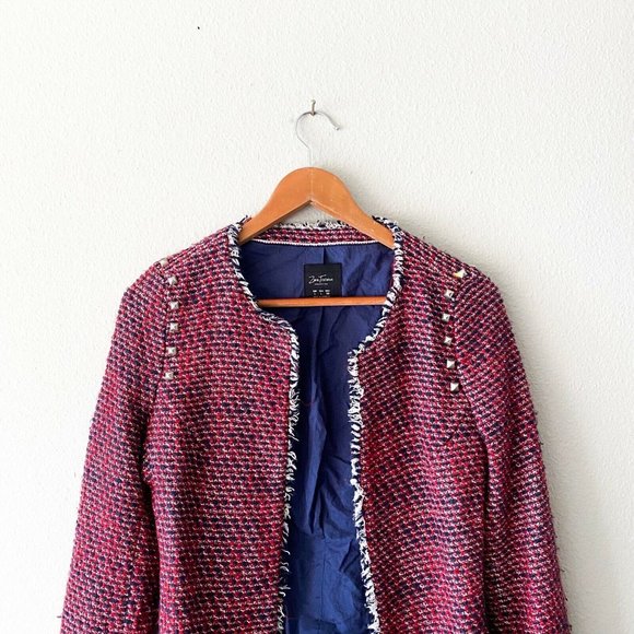 Zara Trafaluc red blue studded jacket frayed cotton acrylic L - Picture 2 of 9